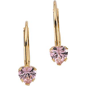 Youth Pink CZ Heart Leverback Earrings