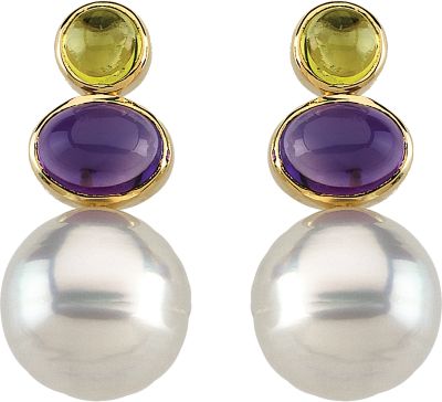 South Sea Cultured Circlé Pearl, Genuine Peridot & Genuine Amethyst Earrings