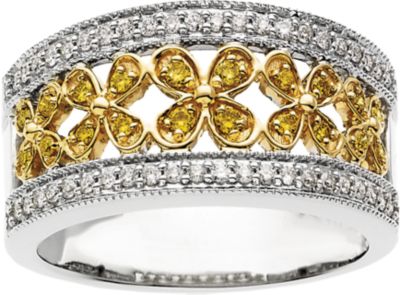 3/8 ct tw Natural Yellow & White Diamonds Flower Design Band