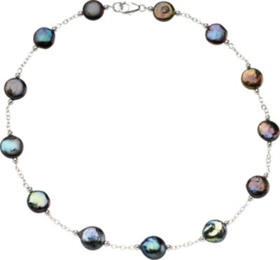 Freshwater Cultured Black Coin Pearl Station Necklace or Bracelet
