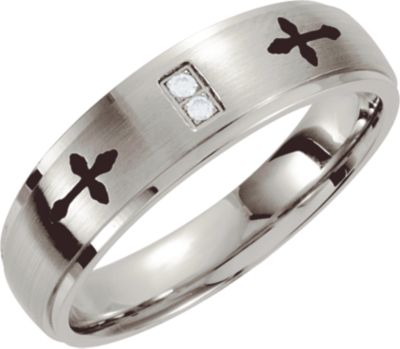 Stainless Steel .02 ct tw Diamond Band with Black Laser Cross Design