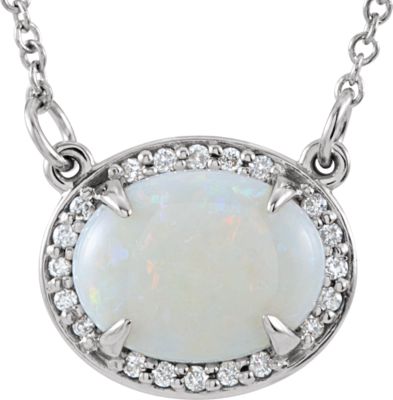 14kt White 9x7mm Oval Opal & .05 CTW Diamond 16.5" Necklace