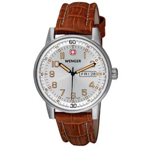 Wenger® Men's Commando Day Date XL Silver Dial Brown Strap