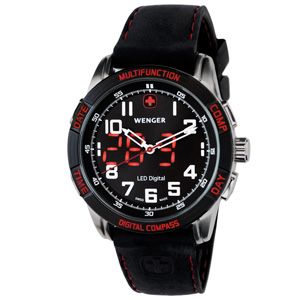 Wenger® Men's Nomad Analog Digital Compass Black/Red Dial Black/Red Strap