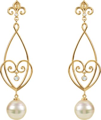 Heart Design Dangle Earring for Pearl with Fleur-de-Lis 