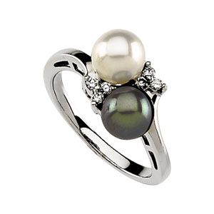 Akoya Cultured Pearl, Black Cultured Pearl & Diamond Ring