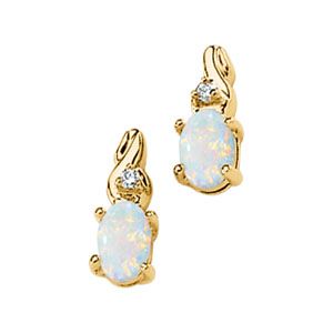 Genuine Opal Cabochon & Diamond Earrings