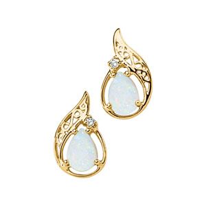 Genuine Opal Cabochon & Diamond Earrings