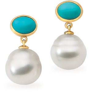 South Sea Cultured Pearl & Genuine Turquoise Earrings
