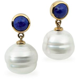 South Sea Cultured Circle Pearl & Genuine Lapis Earrings