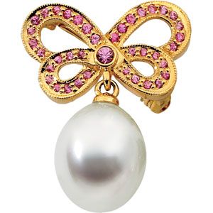  South Sea Cultured Pearl & Genuine Pink Sapphire Butterfly Brooch