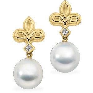 South Sea Cultured Pearl & Diamond Fleur-de-lis Earrings
