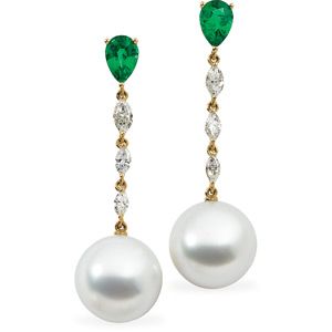 South Sea Cultured Pearl, Genuine Emerald & Diamond Earrings