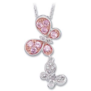 Genuine Pink Sapphire & Diamond Butterflies Necklace