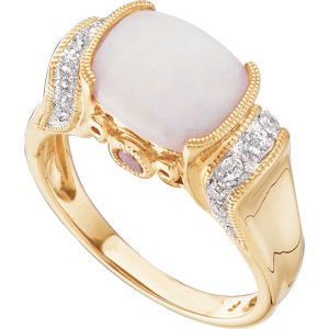 Genuine Opal Cabochon, Pink Tourmaline & Diamond Ring