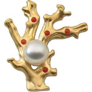  South Sea Cultured Pearl & Genuine Red Coral Brooch