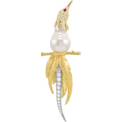 One of Kind-South Sea Cultured Pearl & Diamond Bird Brooch