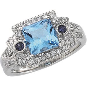 Genuine Swiss Blue Topaz, Genuine Iolite & Diamond Ring
