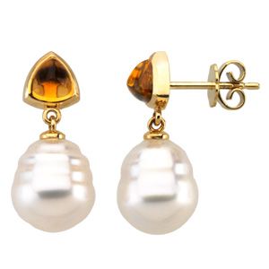 South Sea Cultured Circle Pearl & Genuine Citrine Earrings