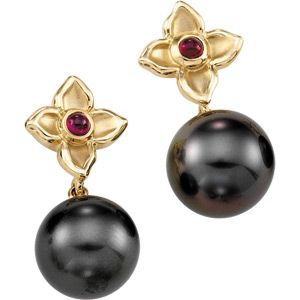 Tahitian Cultured Pearl & Genuine Ruby Flower Earrings