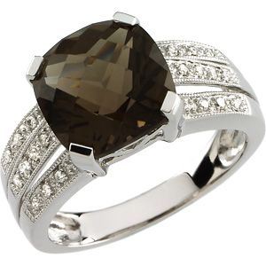 Genuine Smoky Quartz & Diamond Split-Shank Ring