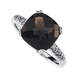 Genuine Checkerboard Smoky Quartz & Diamond Ring