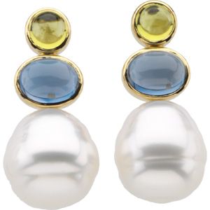 South Sea Cultured Circlé Pearl, Genuine Peridot & Genuine London Blue Topaz Earrings