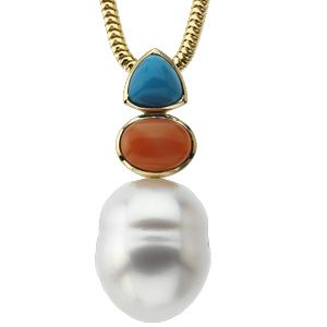 South Sea Cultured Circlé Pearl, Genuine Turquoise & Genuine Pink Coral Pendant