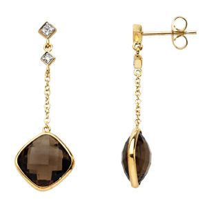 Genuine Checkerboard Smoky Quartz & Diamond Earrings
