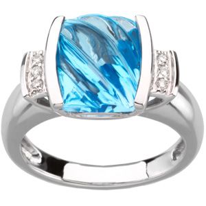 Genuine Carved Swiss Blue Topaz & Diamond Ring