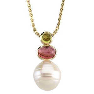 South Sea Cultured Circlé Pearl, Genuine Peridot & Genuine Pink Tourmaline Pendant