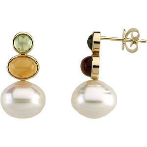 South Sea Cultured Circlé Pearl, Genuine Peridot & Genuine Citrine Earrings