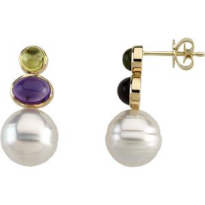 South Sea Cultured Circlé Pearl, Genuine Peridot & Genuine Amethyst Earrings