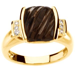 Genuine Carved Smoky Quartz & Diamond Ring