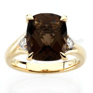 Genuine Checkerboard Smoky Quartz & Diamond Ring