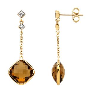 Genuine Checkerboard Cinnamon Quartz & Diamond Earrings