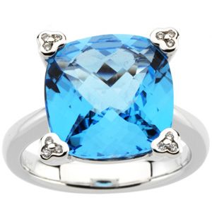 Genuine Checkerboard Swiss Blue Topaz & Diamond Ring