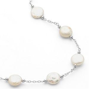 Freshwater Cultured White Coin Pearl Station Necklace or Bracelet
