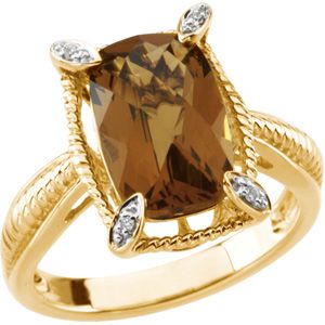 Genuine Checkerboard Honey Quartz & Diamond Ring