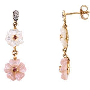 Genuine Pink Tourmaline, Mother Of Pearl & Diamond Earrings