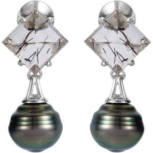 Aquarella&reg; Tahitian Cultured Pearl & Genuine Tourmalinated Quartz Earrings