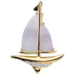 Genuine Blue Chalcedony & Diamond Sailboat Brooch / Pendant