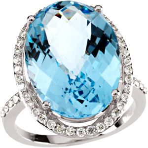 Genuine Checkerboard Sky Blue Topaz & Diamond Ring
