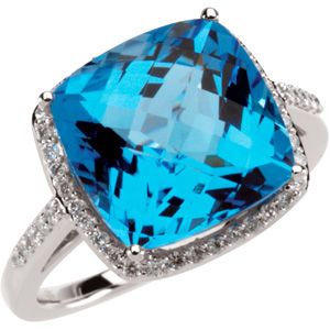 Genuine Checkerboard Swiss Blue Topaz & Diamond Ring