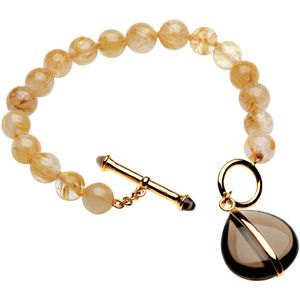 Genuine Rutilated Quartz Beads & Smoky Quartz Charm Bracelet