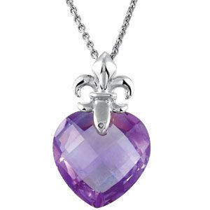 Genuine Amethyst Heart with Fleur-de-lis Design Pendant
