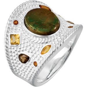 Genuine Ammonite Triplet, Madeira Citrine, Citrine & Smoky Quartz Ring