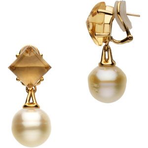 AQUARELLA® SOUTH SEA CULTURED PEARL & GENUINE CITRINE OMEGA BACK EARRINGS