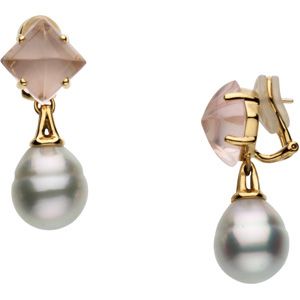 AQUARELLA® SOUTH SEA CULTURED PEARL & GENUINE ROSE QUARTZ OMEGA BACK EARRINGS