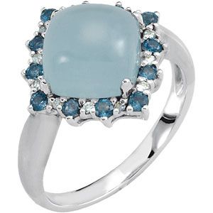Genuine Milky Aquamarine, London Blue Topaz & Diamond Ring